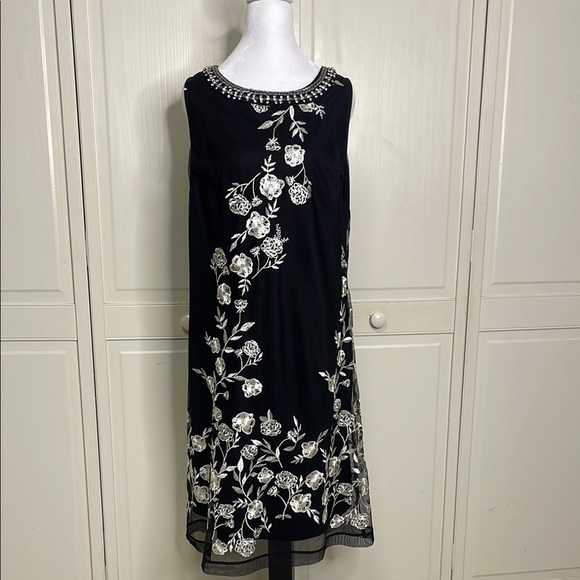 Roz & Ali Womens Black Floral Embroidered Stitched Sheath Dress Size 14 - Picture 1 of 12